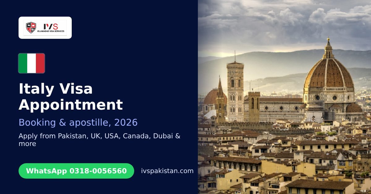 Italy visa appointment from Pakistan 2026: IVS guide cover with the Italian flag and the Florence skyline