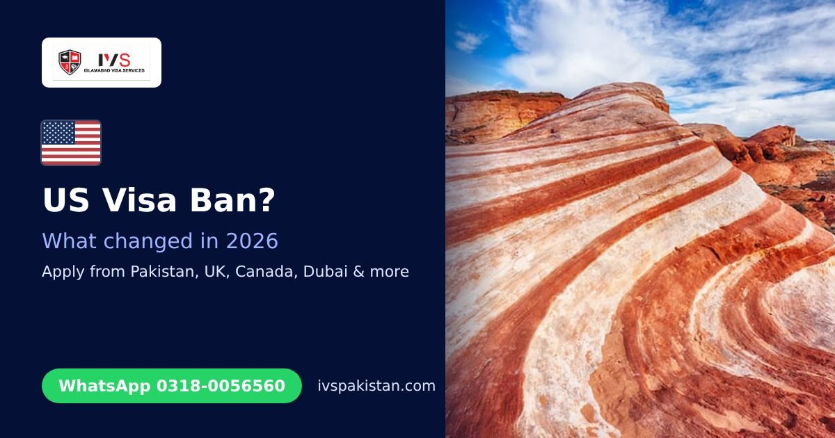 Is there a US visa ban on Pakistan? IVS guide cover to the 2026 US visa rules, with the US flag and red sandstone rocks